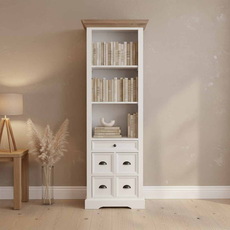 Biblioteca Monaco Collection, Transilvan, 3 Rafturi, 5 Sertare, MDF si Lemn Masiv, 66x40x191 cm, Alb si Lemn Tei