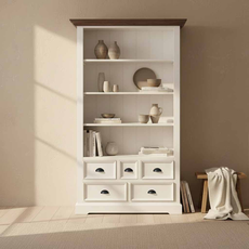 Biblioteca Monaco Collection, Transilvan, 4 Rafturi, 5 Sertare, MDF si Lemn Masiv, 111x40x191 cm, Alb si Lemn Tei