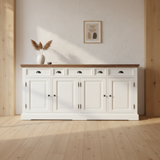 Bufet Monaco Collection, Transilvan, 4 Usi, 5 Sertare, MDF si Lemn Masiv, 200x50x90 cm, Alb si Lemn Tei