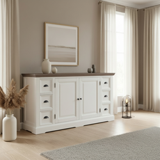 Bufet Monaco Collection, Transilvan, 2 Usi, 6 Sertare, MDF si Lemn Masiv, 160x50x90 cm, Alb si Lemn Tei