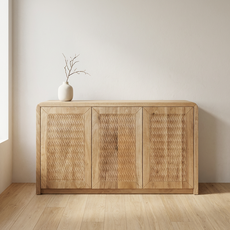 Bufet Siena Collection, Transilvan, 3 Usi, Stil Minimalist, MDF si Lemn Masiv 140x45x80 cm, Stejar Natur