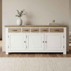 Bufet Verona Collection, Transilvan, 3 Usi, 5 Sertare, MDF si Lemn Masiv, 180x50x90 cm, Alb si Stejar Natur