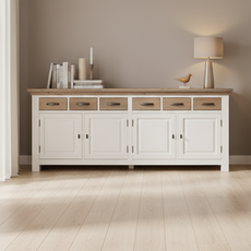 Bufet Verona Collection, Transilvan, 4 Usi, 6 Sertare, MDF si Lemn Masiv, 220x50x90 cm, Alb si Stejar Natur