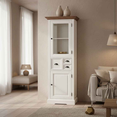 Bufet cu Vitrina, Monaco Collection, Transilvan, 2 Usi, 3 Sertare, MDF si Lemn Masiv, 66x40x191 cm, Alb si Lemn Tei
