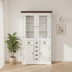 Bufet cu Vitrina, Monaco Collection, Transilvan, 4 Usi, 7 Sertare, MDF si Lemn Masiv, 115x40x195 cm, Alb si Lemn Tei