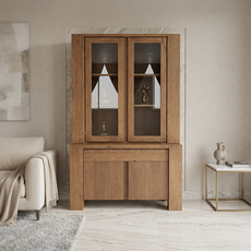 Bufet cu Vitrina, San Francisco Collection, Transilvan, MDF si Lemn Masiv, 107x51x202 cm, Stejar Natur Terra Periat