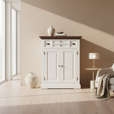 Comoda Inalta, Monaco Collection, Transilvan, 2 Usi, 4 Sertare, MDF si Lemn Masiv, 100x40x128 cm, Alb si Lemn Tei