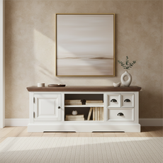 Comoda TV, Monaco Collection, Transilvan, 1 Usa, 3 Sertare, 2 Rafturi, MDF si Lemn Masiv, 145x50x54 cm, Alb si Lemn Tei