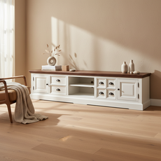 Comoda TV, Monaco Collection, Transilvan, 2 Usi, 6 Sertare, 2 Rafturi, MDF si Lemn Masiv, 220x50x54 cm, Alb si Lemn Tei