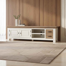 Comoda TV, Verona Collection, Transilvan, 2 Usi, 2 Rafturi, 2 Sertare, MDF si Lemn Masiv, 190x45x55 cm, Alb si Stejar Natur