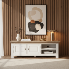 Comoda TV, Verona Collection, Transilvan, 2 Usi, 2 Rafturi, MDF si Lemn Masiv, 160x45x55 cm, Alb si Stejar Natur