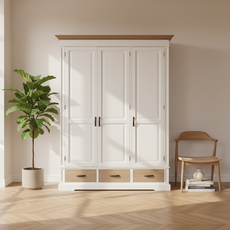 Dulap Milano Collection, Transilvan, 3 Usi, 3 Sertare, MDF si Lemn Masiv, 167x61x220 cm, Alb si Stejar Natur