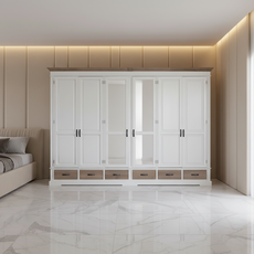 Dulap Milano Collection, Transilvan, 6 Usi, 6 Sertare, MDF si Lemn Masiv, 315x61x220 cm, Alb si Stejar Natur