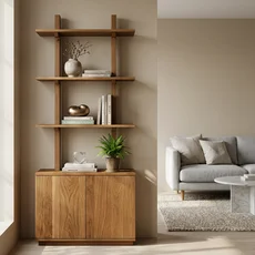 Etajera Siena Collection, Transilvan, 3 Niveluri, cu Cabinet, Stil Minimalist, Lemn Masiv Stejar, 120x30x200 cm, Stejar Natur