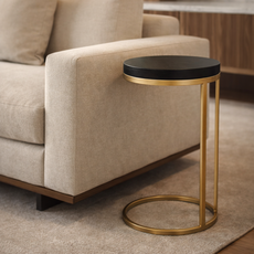 Masuta Laterala Rotunda, New York Collection, Transilvan, Lemn Masiv Stejar, 2 Picioare Metalice, 30x30x54 cm, Negru si Auriu