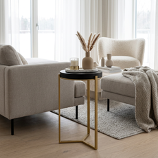 Masuta Laterala Rotunda, New York Collection, Transilvan, Lemn Masiv Stejar, 3 Picioare Metalice, 30x30x55 cm, Negru si Auriu
