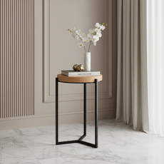 Masuta Laterala Rotunda, New York Collection, Transilvan, Lemn Masiv Stejar, 3 Picioare Metalice, 30x30x55 cm, Stejar Natur si Negru