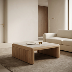 Masuta de Cafea Patrata, Athena Collection, Transilvan, Picioare Lemn Masiv Stejar, Blat Piatra Naturala, 102x102x40 cm, Stejar Natur si Piatra Bej