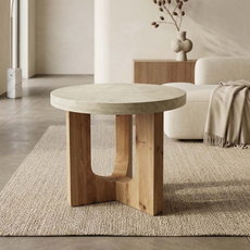 Masuta de Cafea Rotunda, Athena Collection, Transilvan, Picioare Lemn Masiv Stejar, Blat Piatra Naturala, 64x64x56 cm, Stejar Natur si Piatra Bej