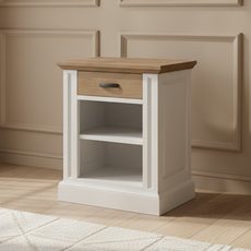 Noptiera Milano Collection, Transilvan, 1 Sertar, 2 Rafturi, MDF si Lemn Masiv, 51x44x66 cm, Alb si Stejar Natur