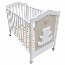 Patut Bebe Premium, Orso Mio, BabyDreams, cu Sertar, Lemn Masiv, Model Ursulet, Design Elegant Italia, 130x70x93 cm, Alb-Bej