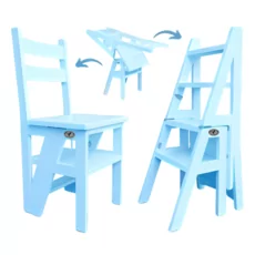 Ladder Chair, 2 in 1, Folding, Duplex, Solid Wood, Step Up, Transilvan, 90x42 cm, Baby Blue