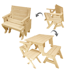 Set Banca Transformabila in Masa Picnic si 2 Scaune Pliante Montana, 2 in 1, Transilvan, Lemn Masiv, 2+2 Persoane, 76x137x72 cm, Natur