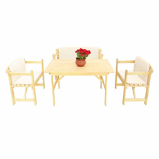 Set Mobilier Gradina Emy, Masa, 3 Banci, 4 Persoane, Perne Bej Incluse, Transilvan, Lemn Masiv, 120x70 cm, Natur 
