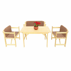 Set Mobilier Gradina Emy, Masa, 3 Banci, 4 Persoane, Perne Maro Incluse, Transilvan, Lemn Masiv, 120x70 cm, Natur 